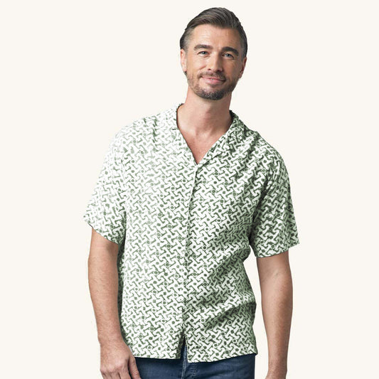 Men's Batik Cuban Shirt - Green Arabesque