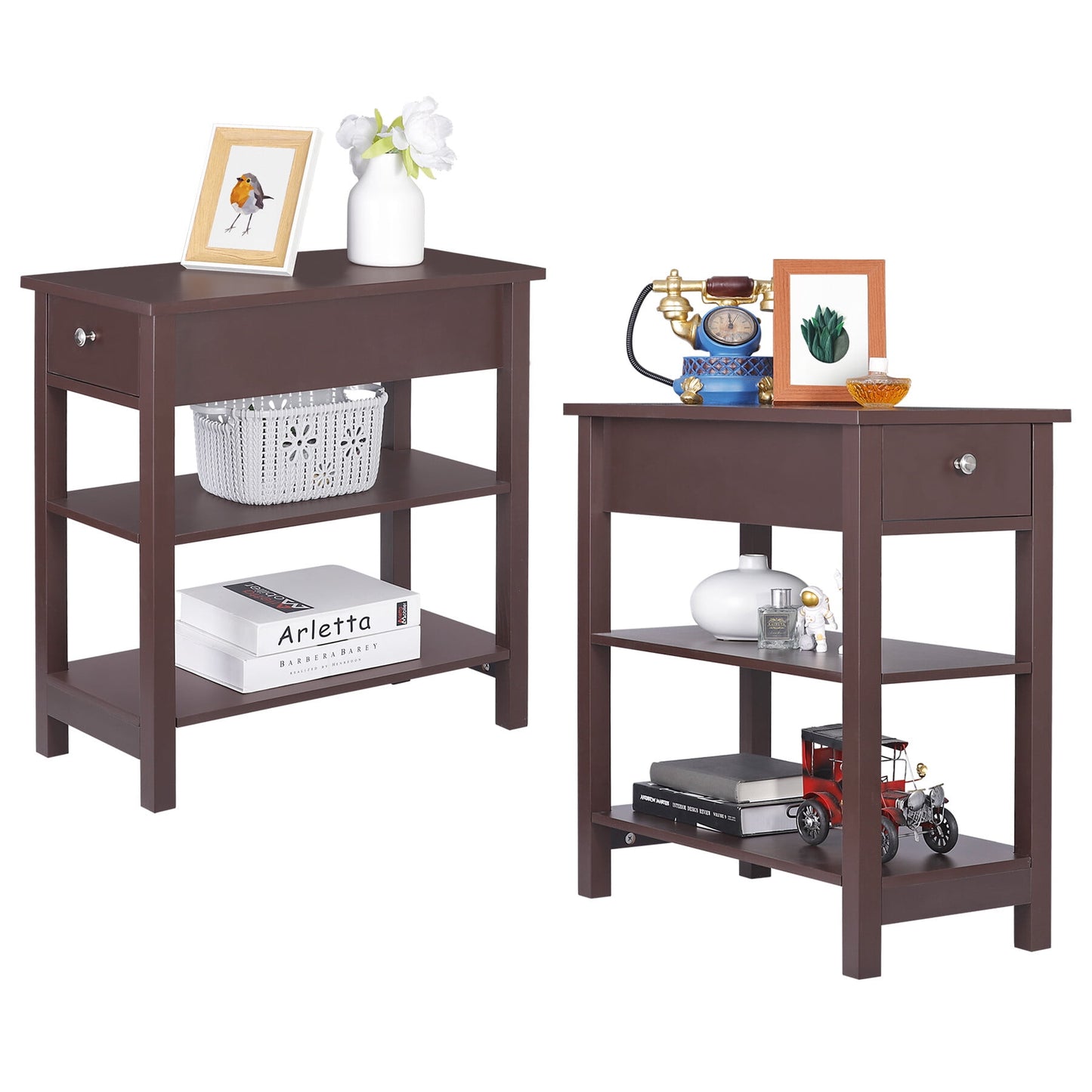 ZENY Set of 2 Side Table Living Room End Table Nightstands 3-Tier Sofa End Table for Small Space, Brown
