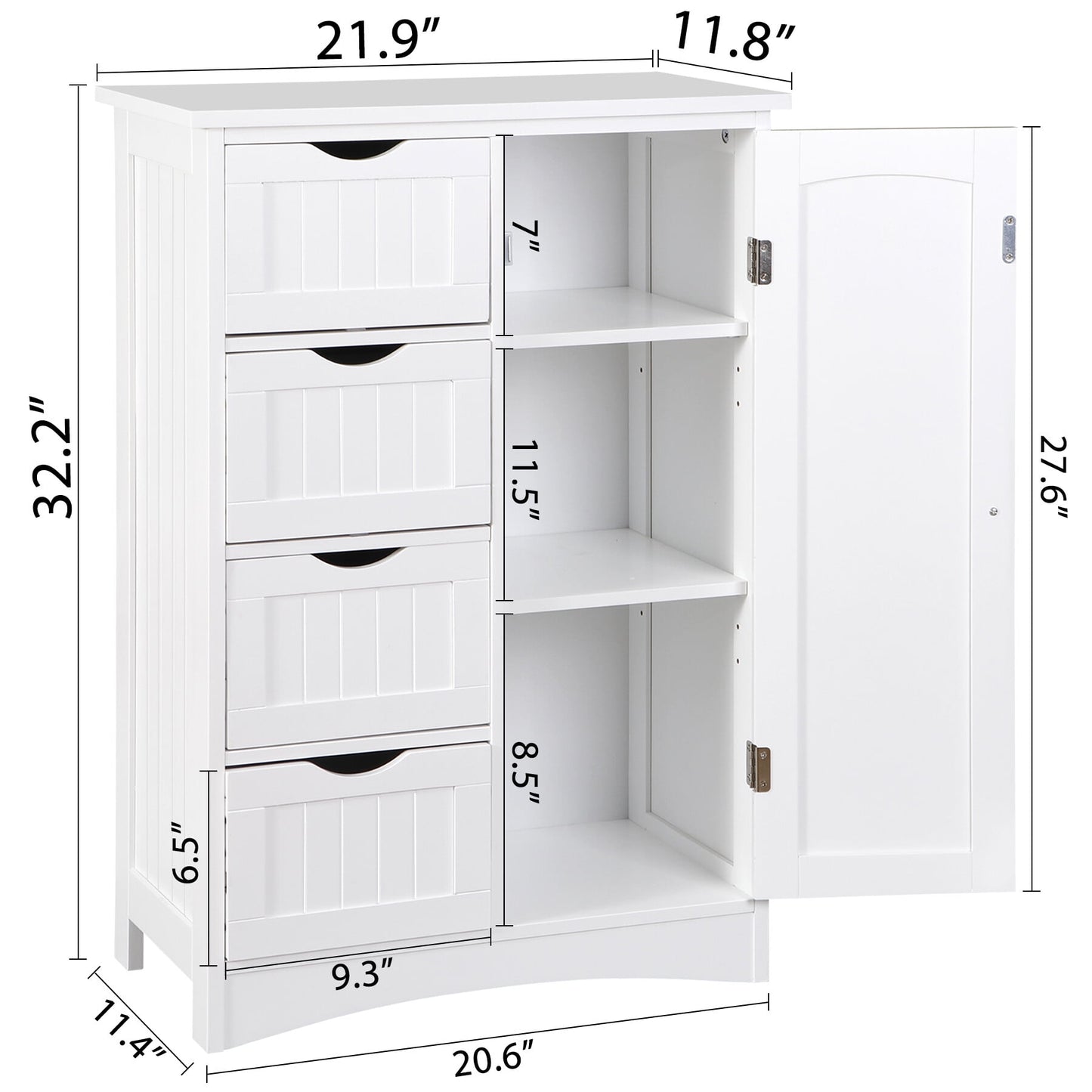 ZENY Bathroom Floor Cabinet, Freestanding Storage Cabinet with 4 Drawers and Adjustable Shelves, Modern Cupboard for Home Living Room Office, White
